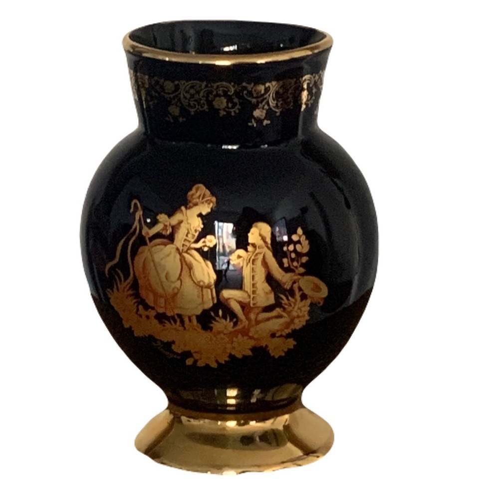 Vintage Limoges France Cobalt Gilded Gold Porcelain Vase Approx 8.25” Romantic